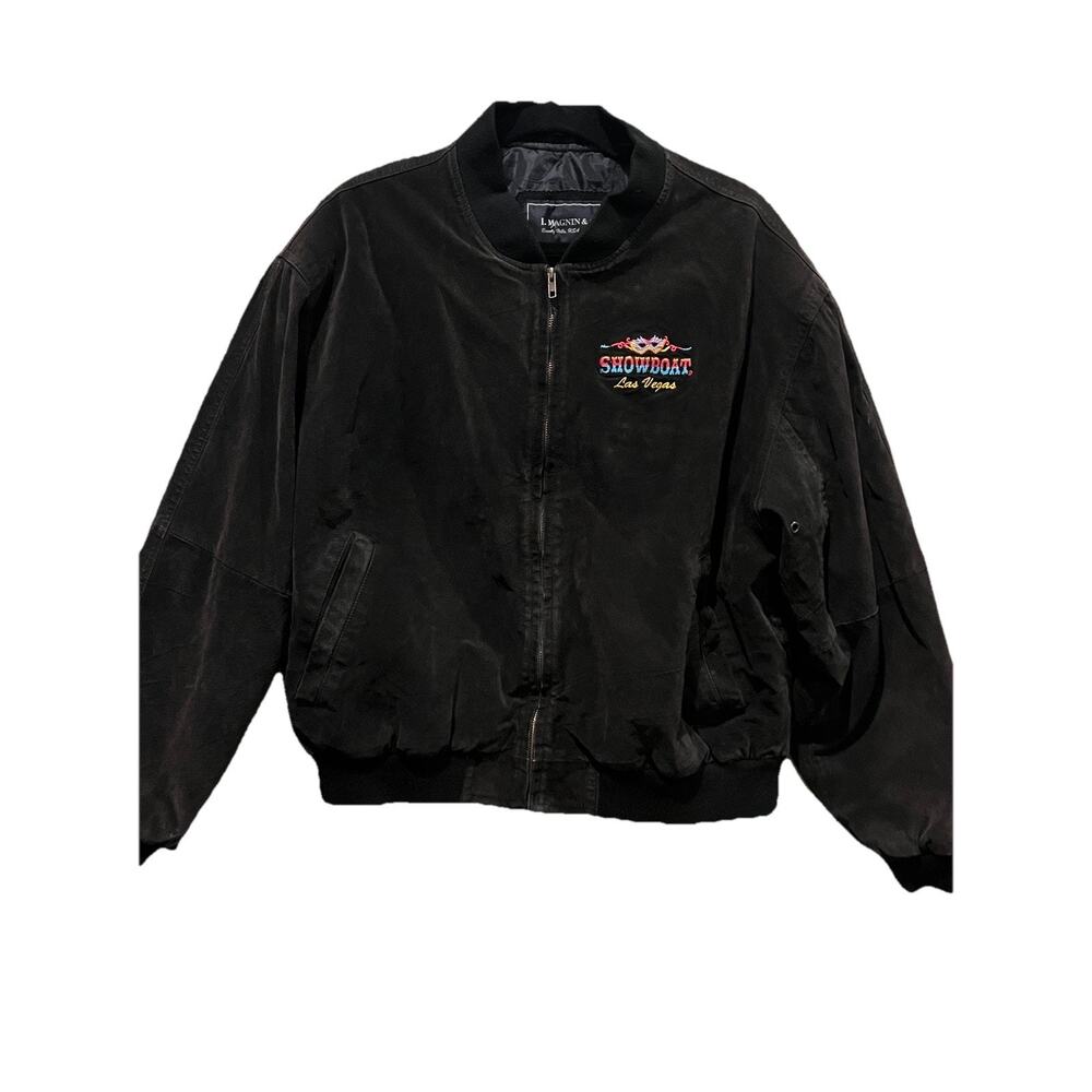 I. Magnin Black Suede Bomber Jacket Showboat Las Vegas Embroidered XL [25-0134]